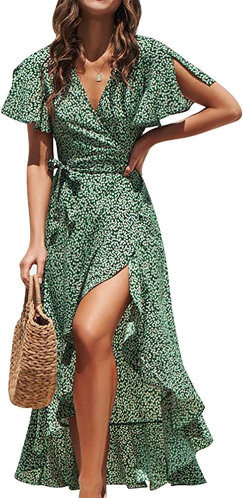 Women's Boho V Neck Ruffle Floral Wrap Maxi Dress | Amazon (US)