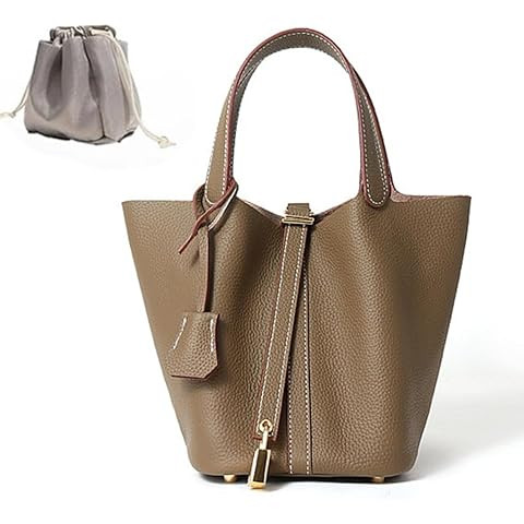 Genuine Leather Lock Design Bucket Bag Vegetable Basket, Fashionable and Versatile Satchel Handba... | Amazon (US)