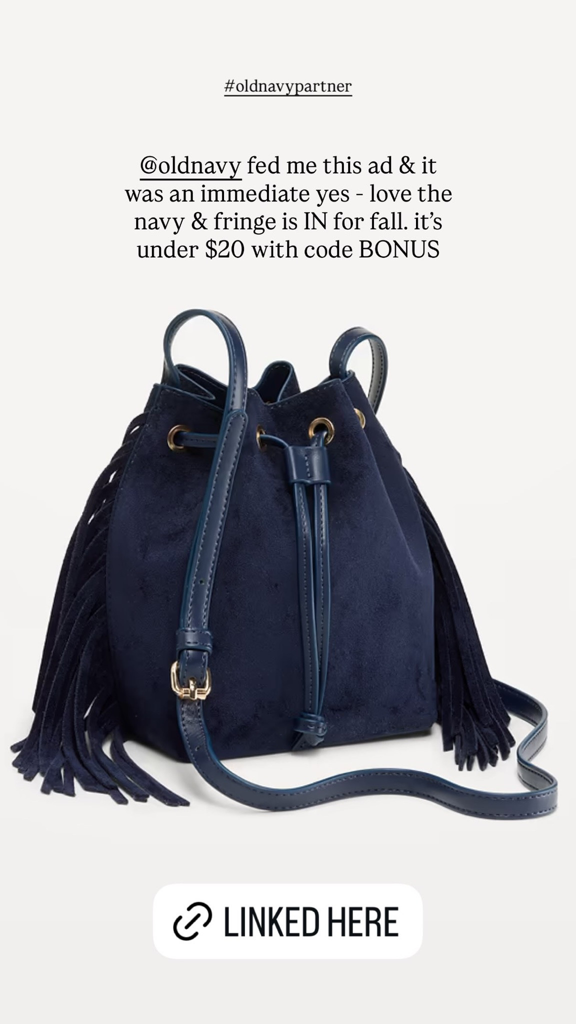 oldnavy fed me this ad & it was an immediate yes - love the navy & fringe is IN for fall. it's under $20 with code BONUS

#LTKSaleAlert #LTKSeasonal #LTKgrwm