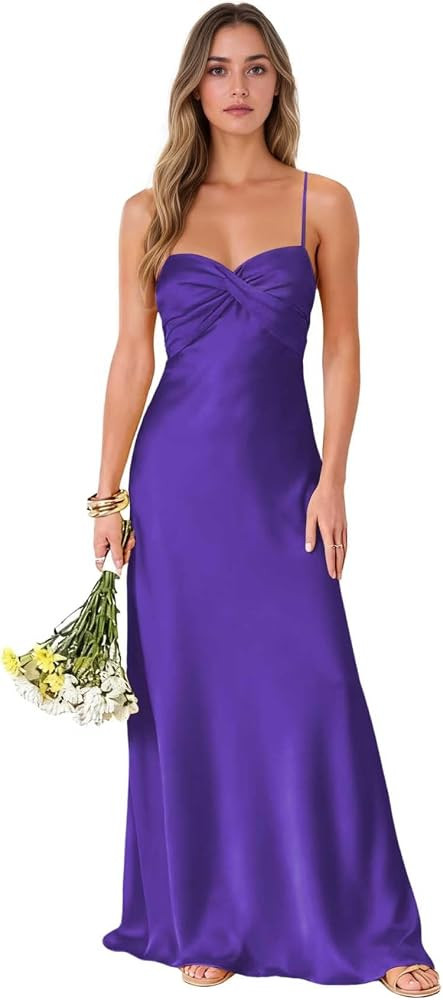 Satin Bridesmaid Dresses for Wedding Spaghetti Straps Pleated Evening Party Gowns | Amazon (US)