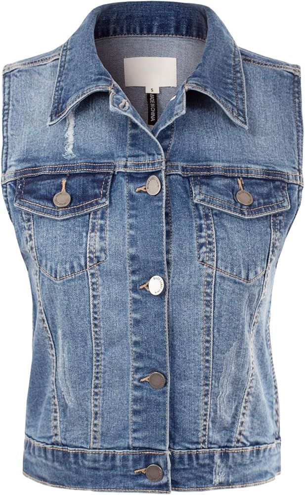 Design by Olivia Women's Junior Fit Sleeveless Button up Jean Denim Jacket Vest | Amazon (US)