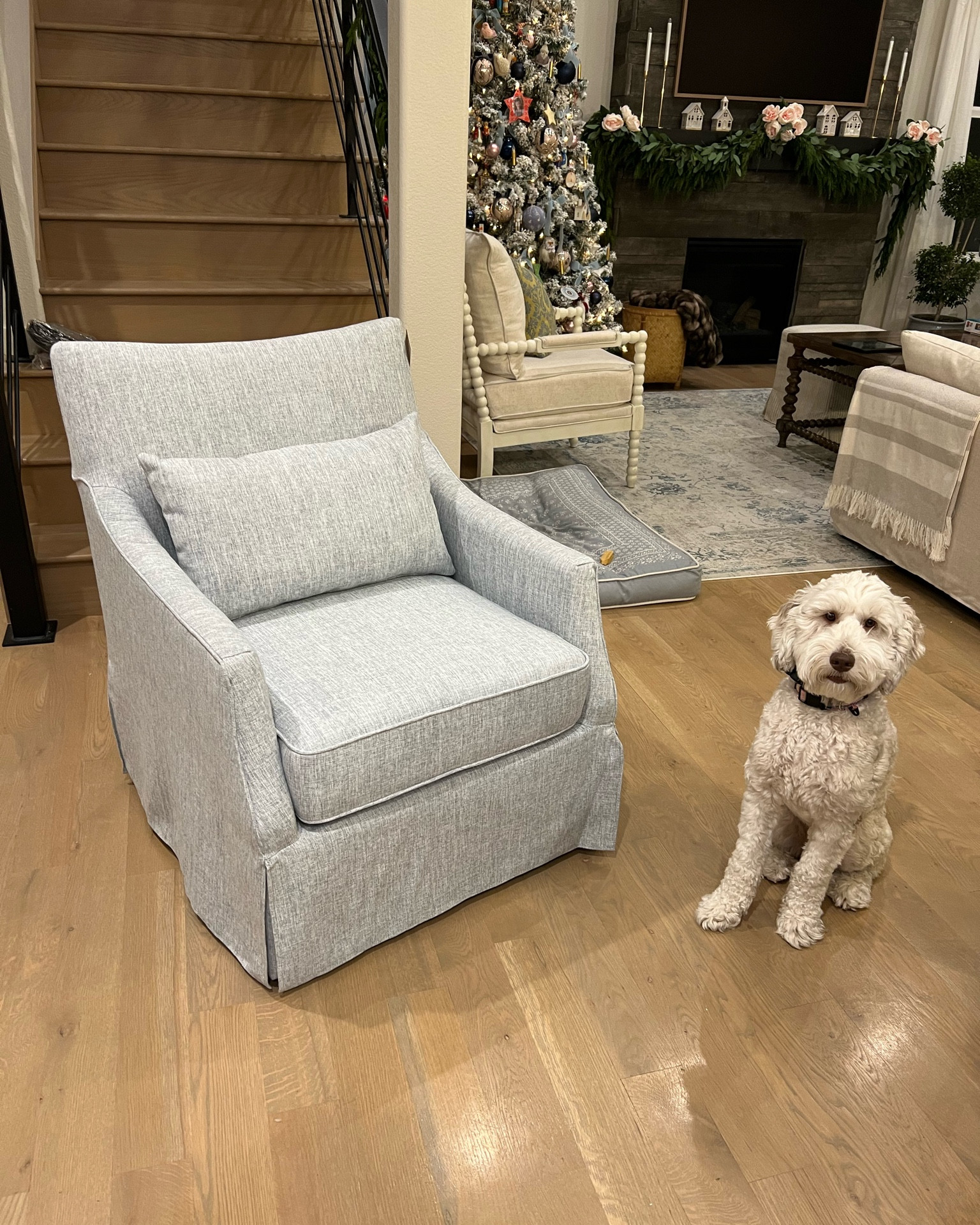 Heathered blue slipcover swivel Martha Stewart London chair. This accent chair is perfect for the living room, office or bedroom. Comfortable and affordable!

#LTKsalealert #LTKhome