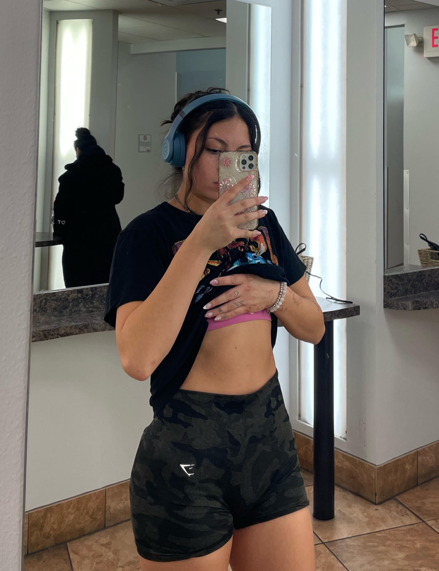 Black Camo Gym Fit ft Juice Wrld Graphic Tee. 
~Juice Wrld graphic loose t-shirt.
~ Gymshark Camo Shorts. 
~ Nike sports bra.
~ Nike socks with Black High Top Converse. 

#LTKWorkwear #LTKStyleTip #LTKActive