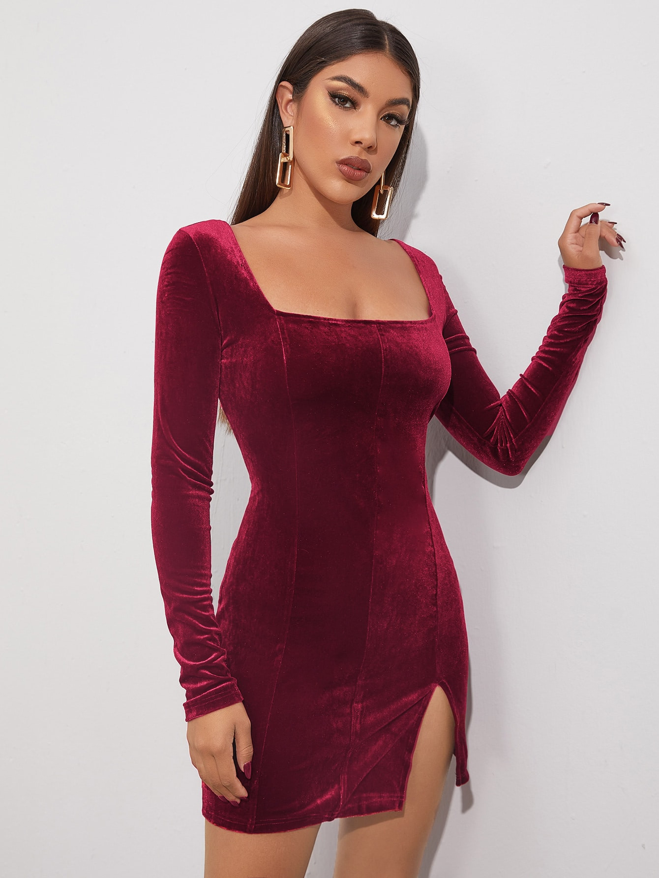 Split Hem Velvet Bodycon Dress | SHEIN