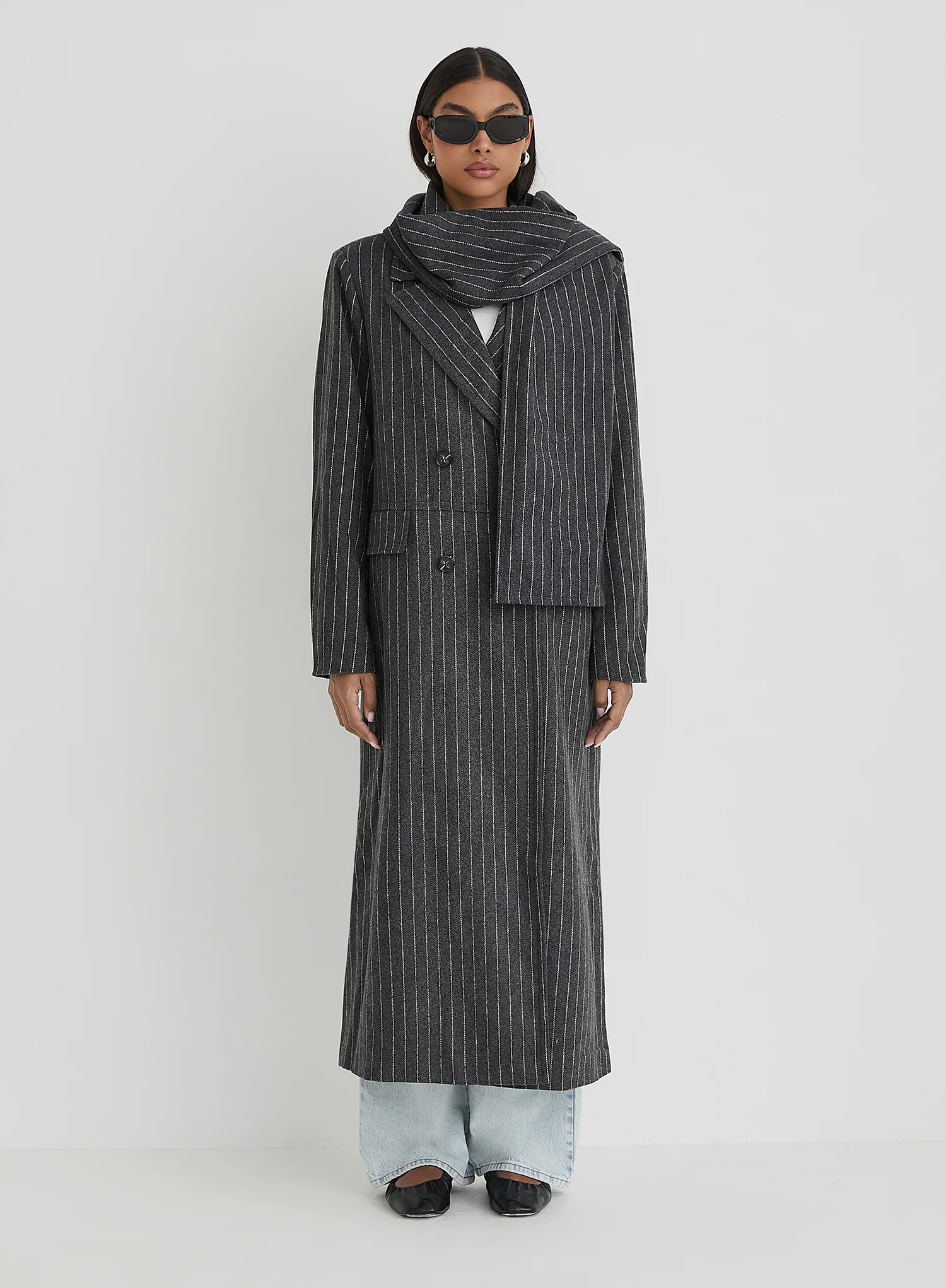 Grey Pinstripe Tailored Oversized Maxi Coat With Scarf- Melia | 4th & Reckless