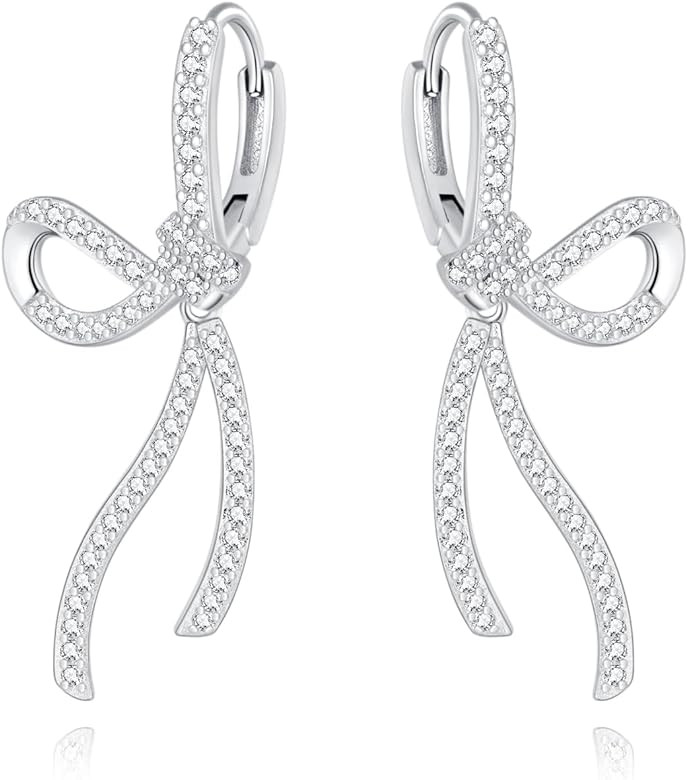 SLUYNZ Sterling Silver CZ Bow Hoop Earrings for Women Teen Girls Rhinestone Bow Hoop Earrings Hug... | Amazon (US)