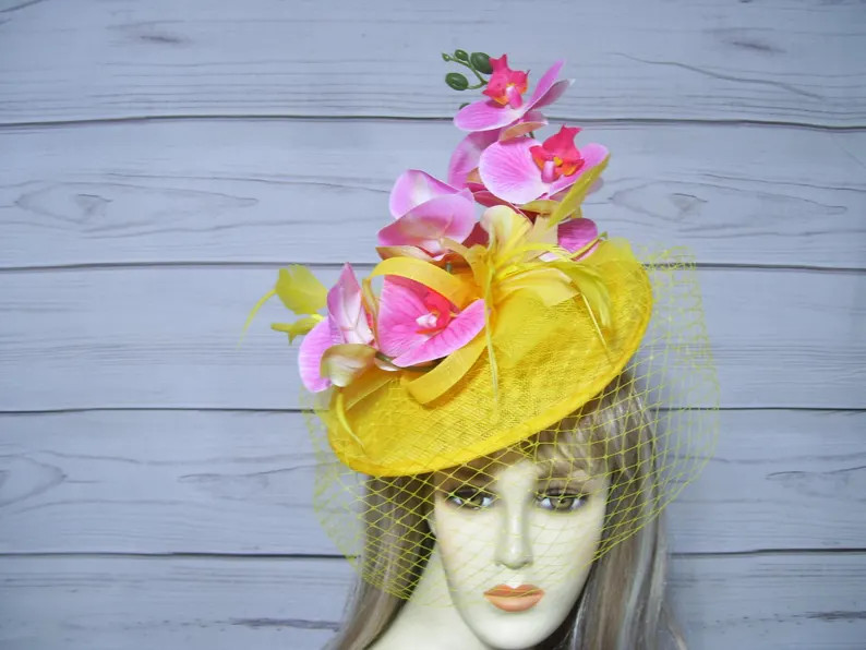 Ladies Yellow Fascinator With Orchid, Kentucky Derby Fascinator Hat, Easter Hat, Wedding Hat, Asc... | Etsy (US)
