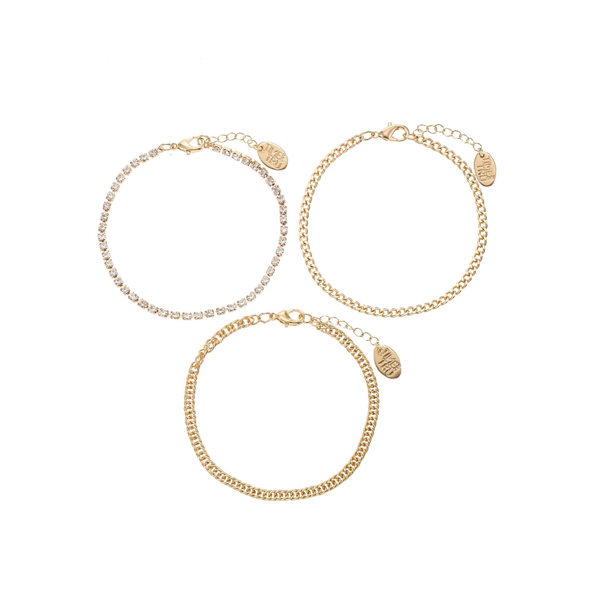 Time and Tru Gold Tone and Cubic Zirconia Link and Tennis Bracelet Set, Gold Tone, 7.5, 3-Piece | Walmart (US)