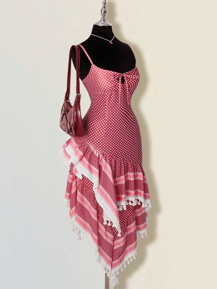 SHEIN ICON Women's Vintage Plaid Design Casual Ruffled Hem Asymmetric Fringe Hollow-Out Fitted Sexy Dress Red Handkerchief Dress Asymmetrical Dress | SHEIN