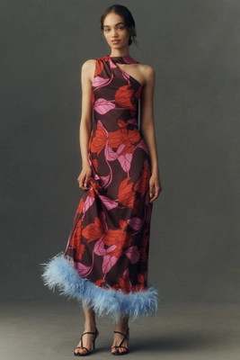 Hutch One-Shoulder Faux-Feather Trim Maxi Dress | Anthropologie (US)