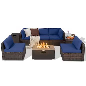 Goplus 7-Piece Rattan Patio Conversation Set with Blue Cushions | Lowe's