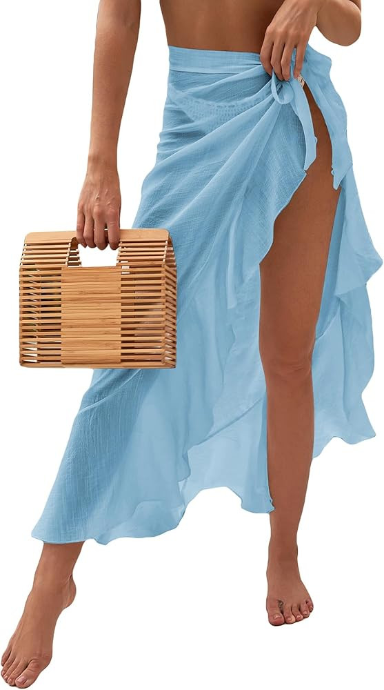 OYOANGLE Women's Mesh Sheer Swimsuit Cover Up Ruffle Tie Side Beach Sarong Wrap Long Skirt | Amazon (US)