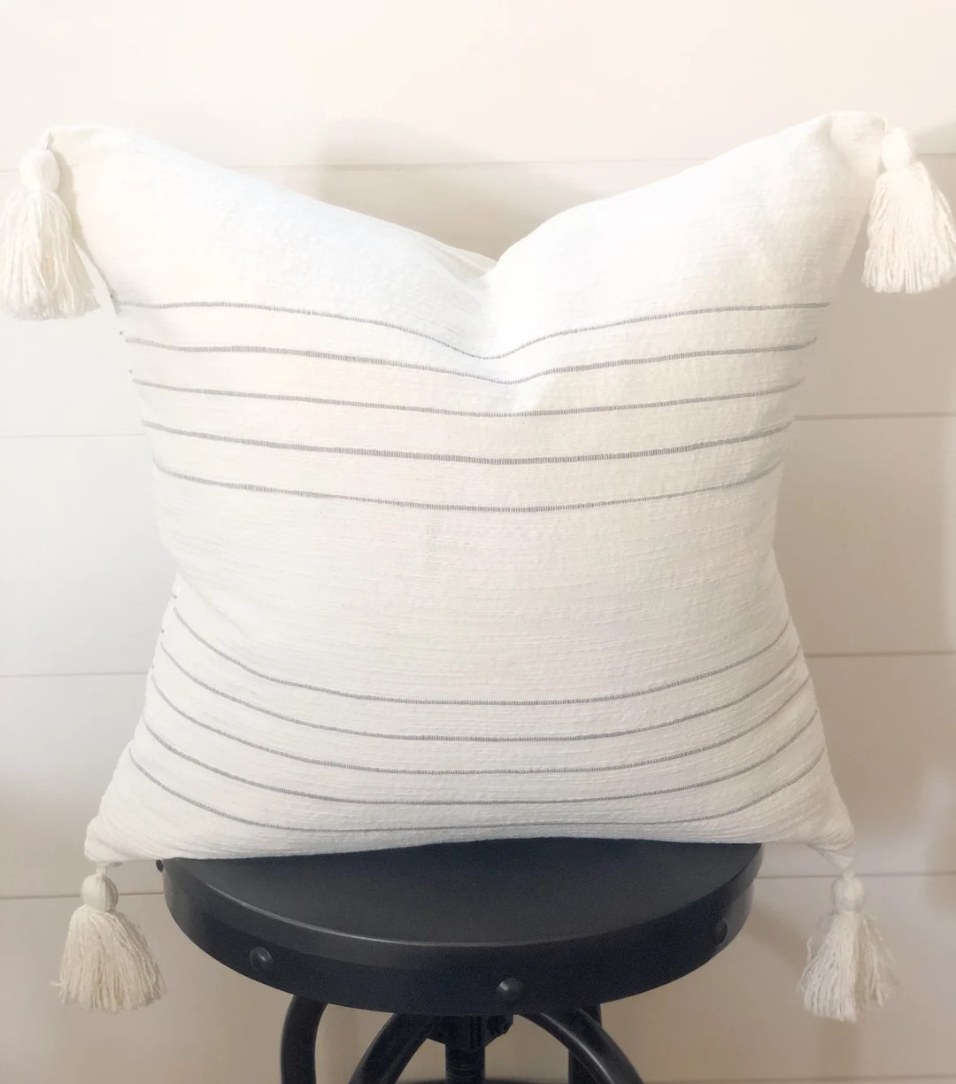 20x20 White and Gray Thin Stripe Tassel Pillow Cover cameron // White Throw Pillow// Gray Throw P... | Etsy (US)