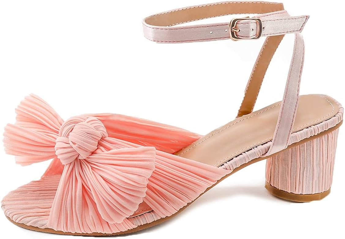 Womens Bowknot Heeled Sandals Bridal Wedding Open Toe Ankle Strap Chunky Heeled Sandals | Amazon (US)