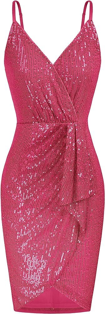 GRACE KARIN Women's Sexy Sequin Dress Wrap V-Neck Ruched Bodycon Spaghetti Straps Cocktail Party ... | Amazon (US)