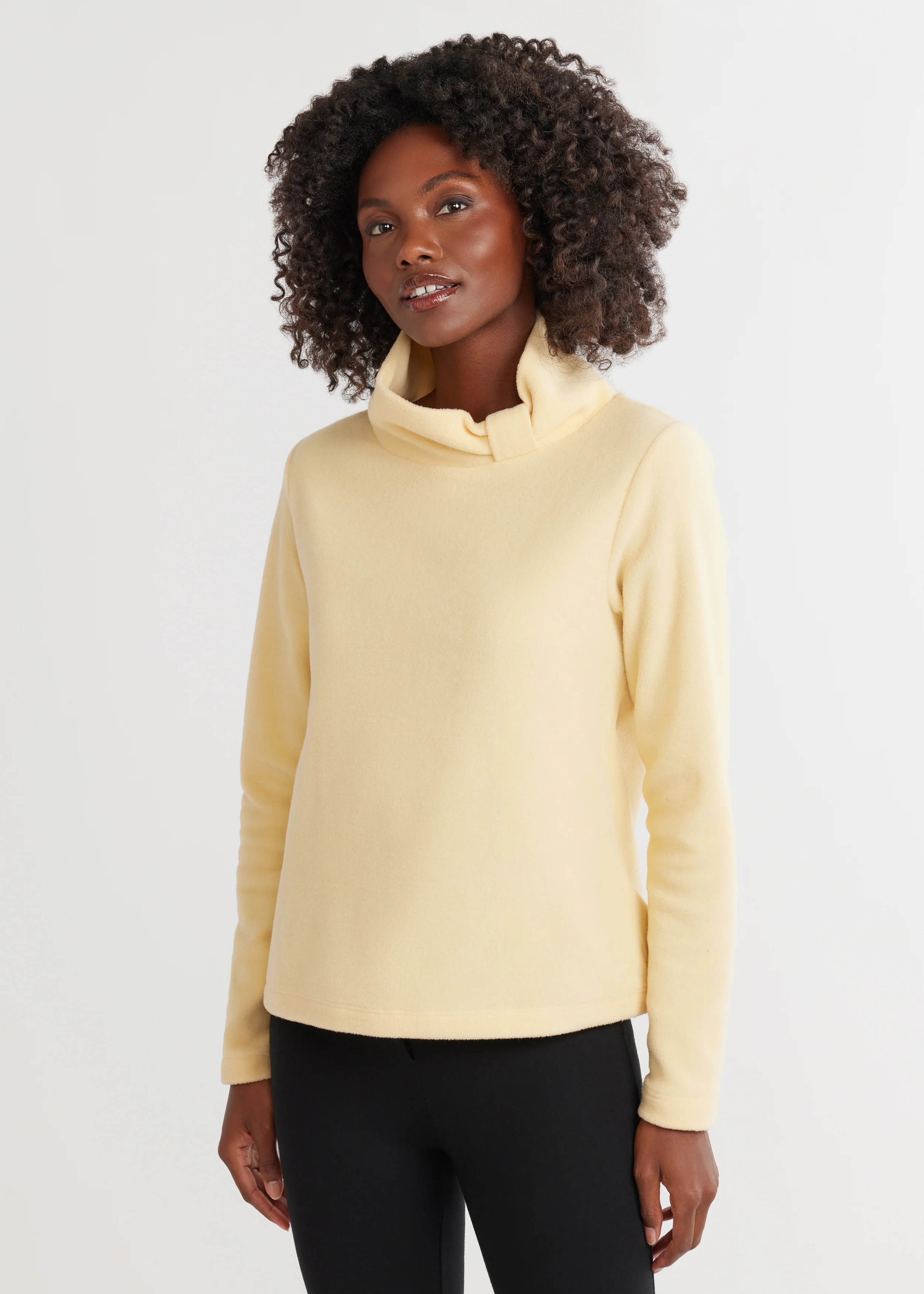 Women's Juliet Turtleneck in Vello Fleece (Buttercream) in Size S - Modern Fleece Clothing | Dudley Stephens