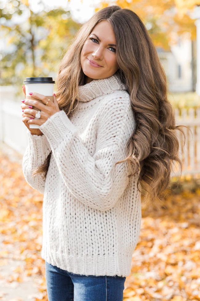 CAITLIN COVINGTON X PINK LILY The Olivia Chunky Knit Beige Turtleneck Sweater | The Pink Lily Boutique