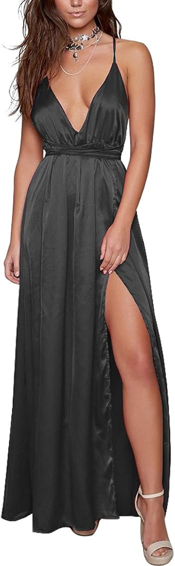Yimeili Women's Sexy Satin Deep V Neck Backless Split Maxi Cocktail Long Party Dresses(30Color S-XXL | Amazon (US)