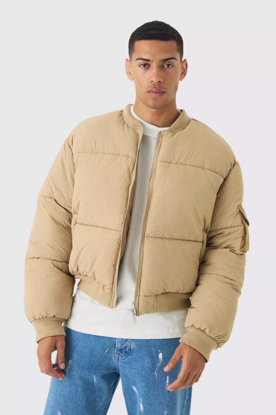 Extreme Padded Texture Bomber Jacket In Sand | boohoo (US & Canada)