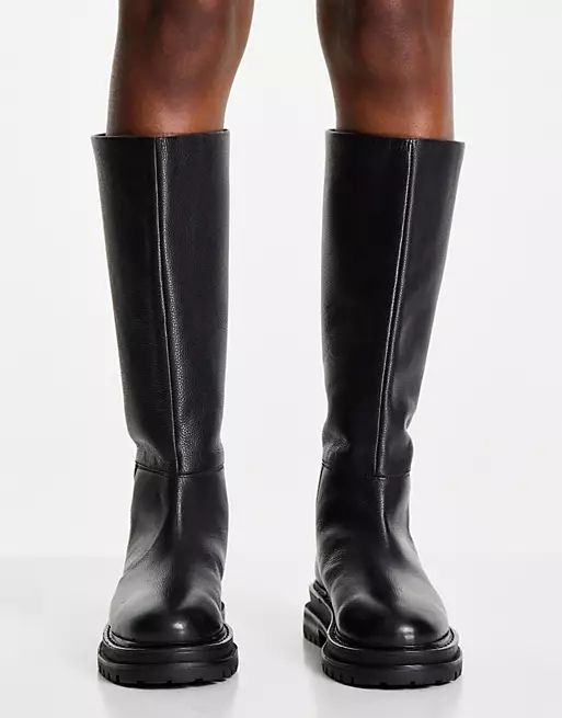 ASOS DESIGN Cameo premium leather pull on knee boots in black | ASOS (Global)