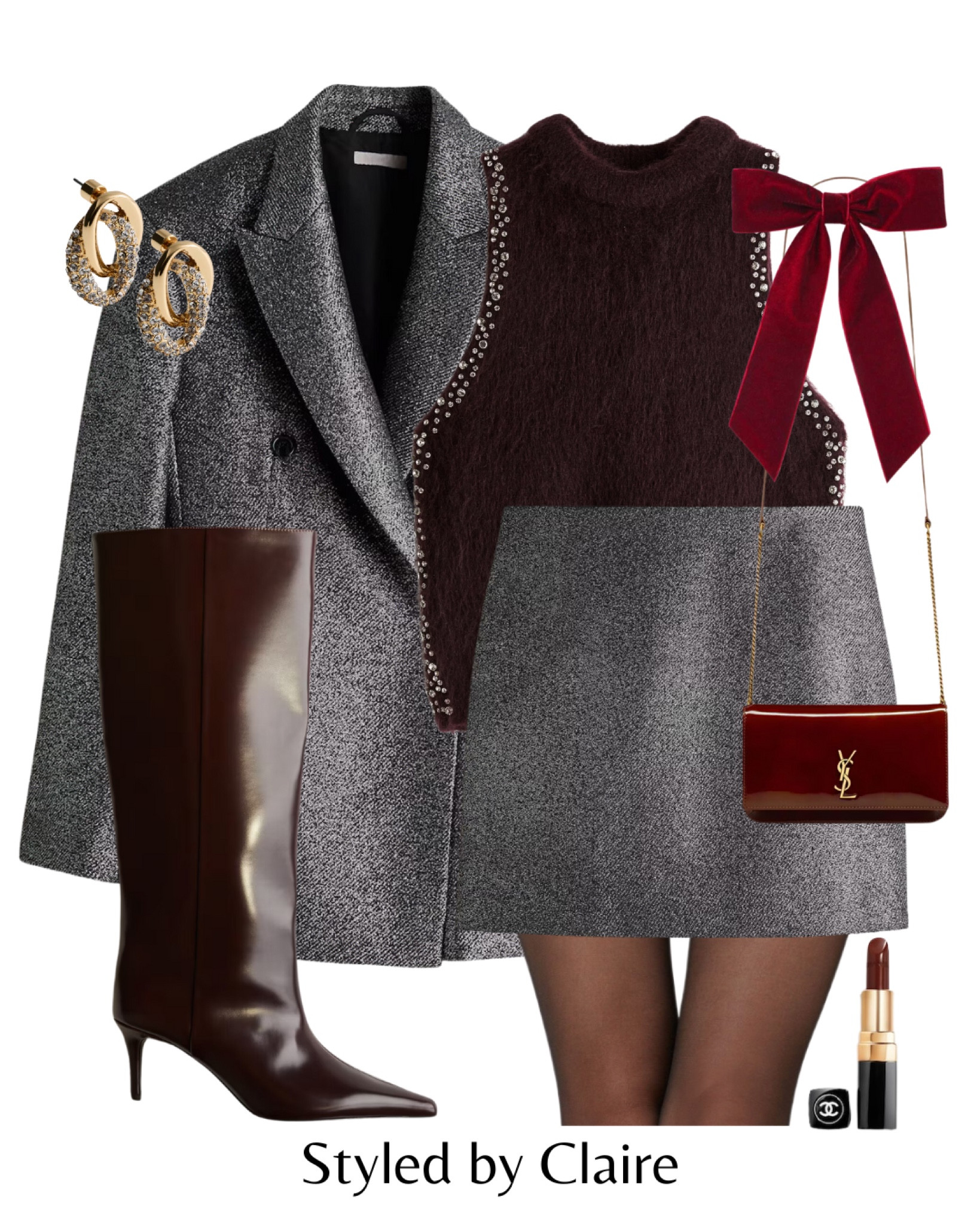 Glittery blazer set ✨✨✨
Tags: oversized glitter skirt skirt top mohair embellished collar knit bow burgundy grey YSL bag knee high boots earrings fashion Christmas party night out outfit new year sparkle festive wear Paris chic women’s style sequin

#LTKstyletip #LTKshoes #LTKpartywear
