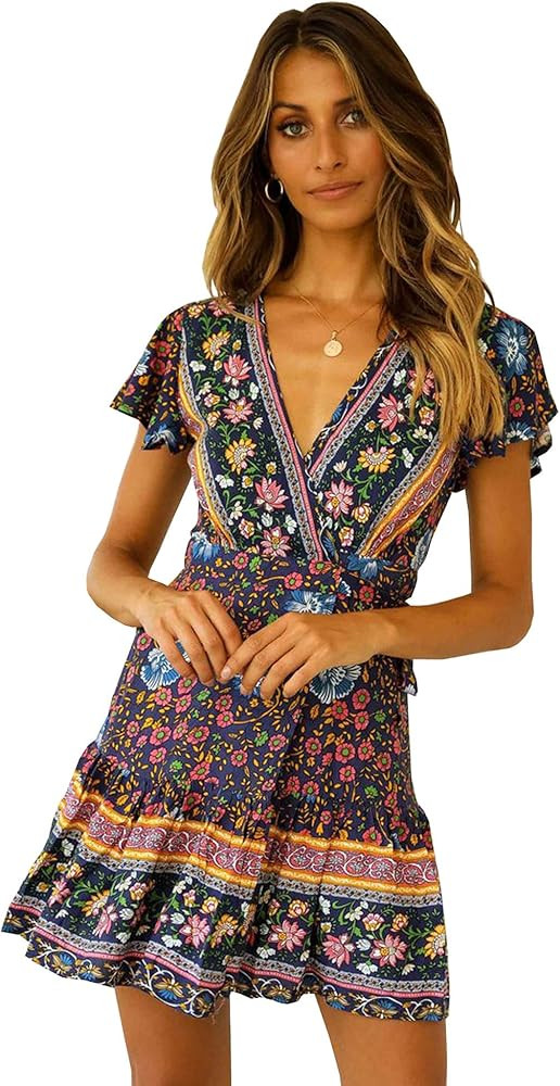 R.Vivimos Women Summer Short Sleeve Casual Bohemian Beach Ruffle Floral Print Bow Tie Short Sun D... | Amazon (US)