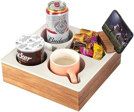 Couch Cup Holder Tray, Handy Soft Silicone Acacia Wooden Couch Caddy for Bed Car Seat Beach Organ... | Amazon (US)