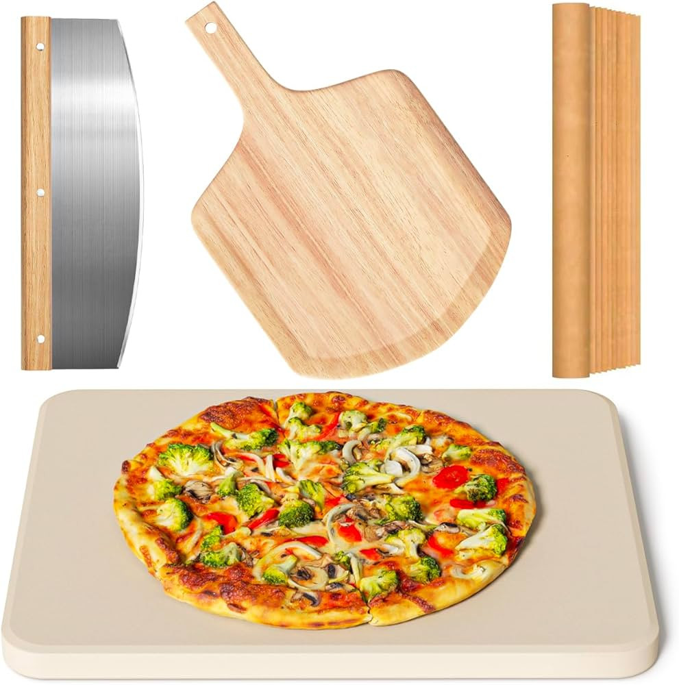 4 PCS Rectangle Pizza Stone Set, 15" Large Pizza Stone for Oven and Grill with Pizza Peel(OAK), P... | Amazon (US)