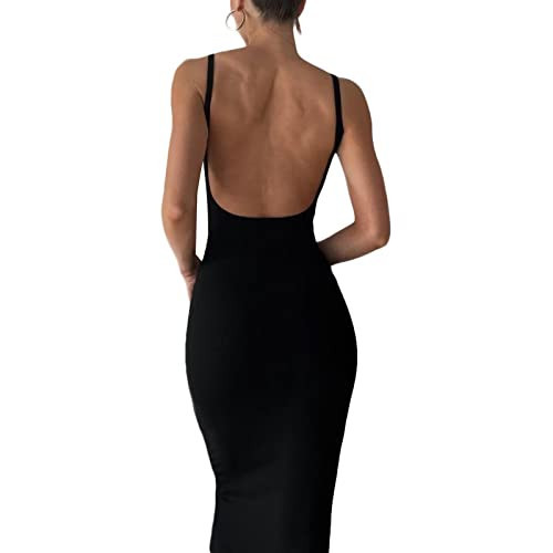 Meihuida Women Backless Maxi Dress Bodycon Sexy Open Back Spaghetti Strap Sleeveless Elegant Party Cocktail Summer Dress Black S | Amazon (US)