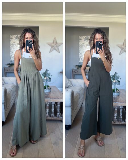 Overalls//left//size small//adjustable button straps (2 settings)//right//size xs//adjustable straps//5’1//olive green is darker in person than stock photo//both come in several colors//sandals//sized up 1/2//sports bra top//size small//

#LTKsalealert #LTKunder50 #LTKFind