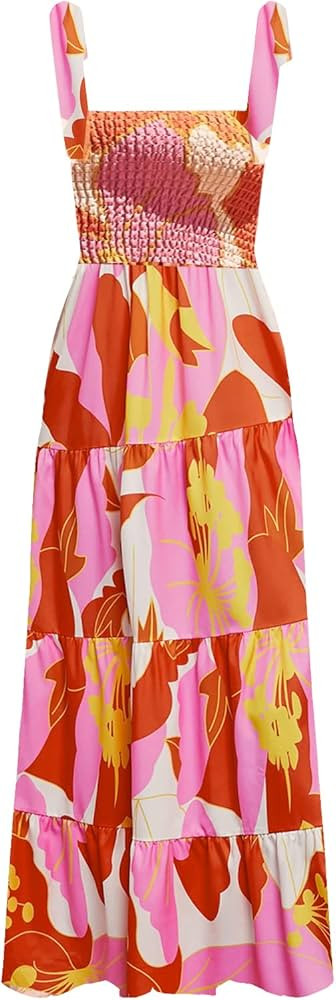 kinstell Women's Summer Boho Spaghetti Strap Square Neck Ruffle Casual Flowy Long Dress Beach Swi... | Amazon (US)