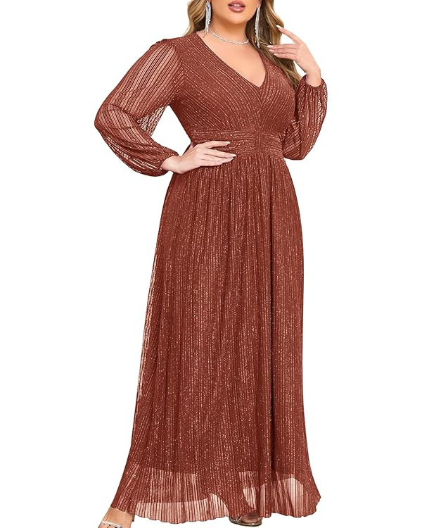 ZOMVA Plus Size Maxi Formal Dress Sparkly V-Neck A-line Ruffle Sleeves Evening Gown Cocktail Prom... | Amazon (US)
