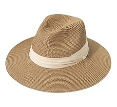 Lanzom Women Wide Brim Straw Panama Roll up Hat Fedora Beach Sun Hat UPF50+ | Amazon (US)