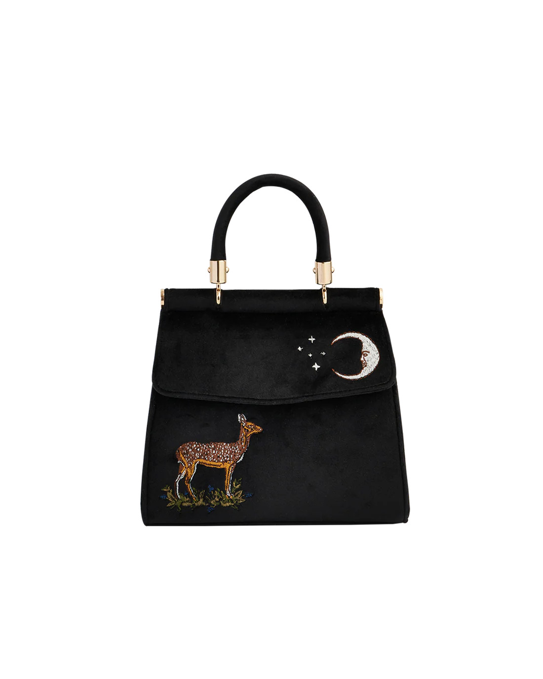 Deer & Moon Embroidered Black Velvet Tote | Fable England