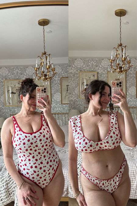 These strawberries and cherries swimsuits from Victoria secret x Frankie’s bikinis collab is so good! They also come in black 

One piece wearing a medium
Bikini wearing a large