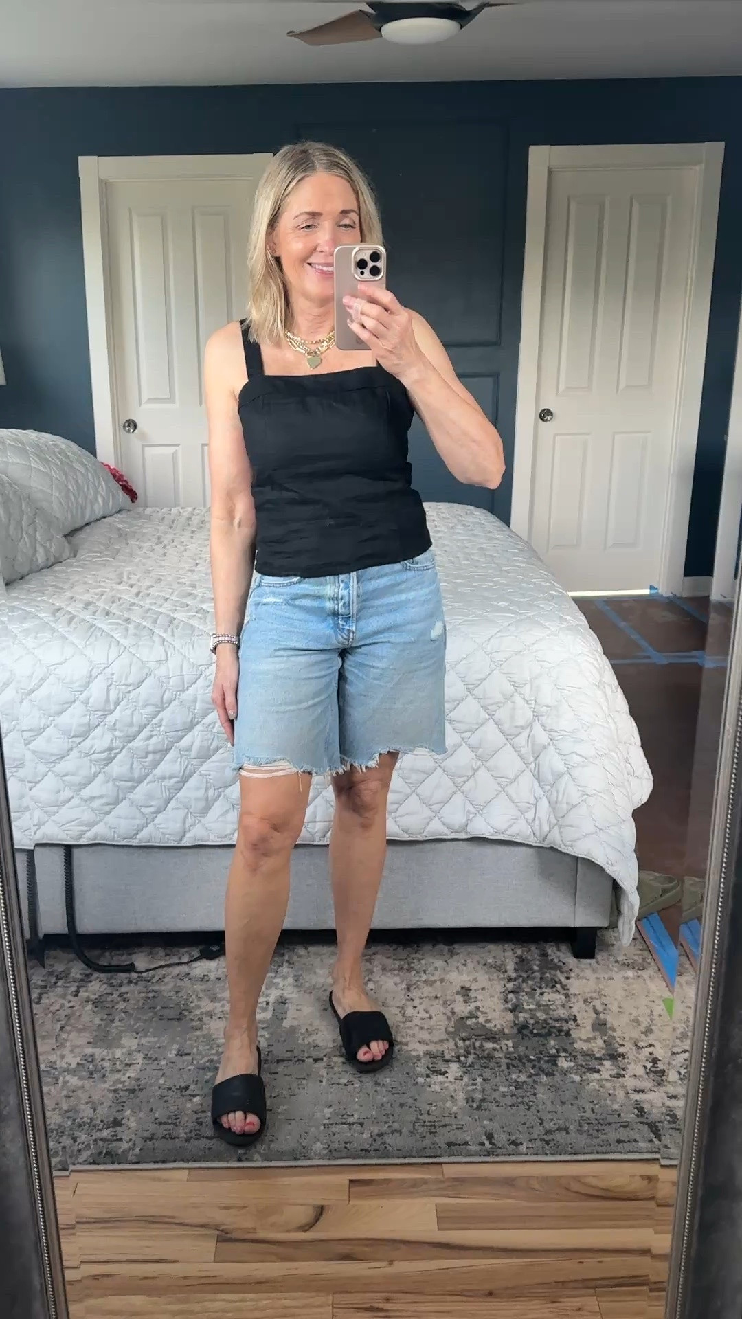 Bermuda short trend. @Madewell denim shorts size 25 pairs with @Quince linen tank top size XS. 

Summer trends, summer outfit inspo, style inspo, linen tops, outfits with shorts, over 50 style, fashion over 40, mom looks

#LTKootd #LTKgrwm #LTKOver40