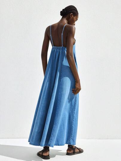 Maija 2026 Spring & Summer Outfits Women's Blue Denim Slip Dress, Casual Holiday Backless Elegant... | SHEIN