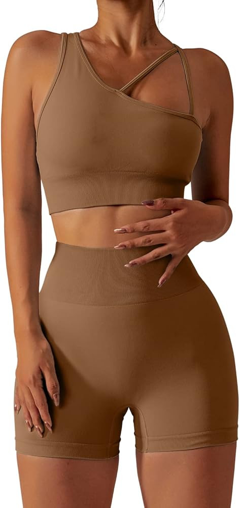 QINSEN Workout Sets for Women One Shoulder Sport Bra High Waist Booty Shorts Seamless Gmy Yoga 2 ... | Amazon (US)