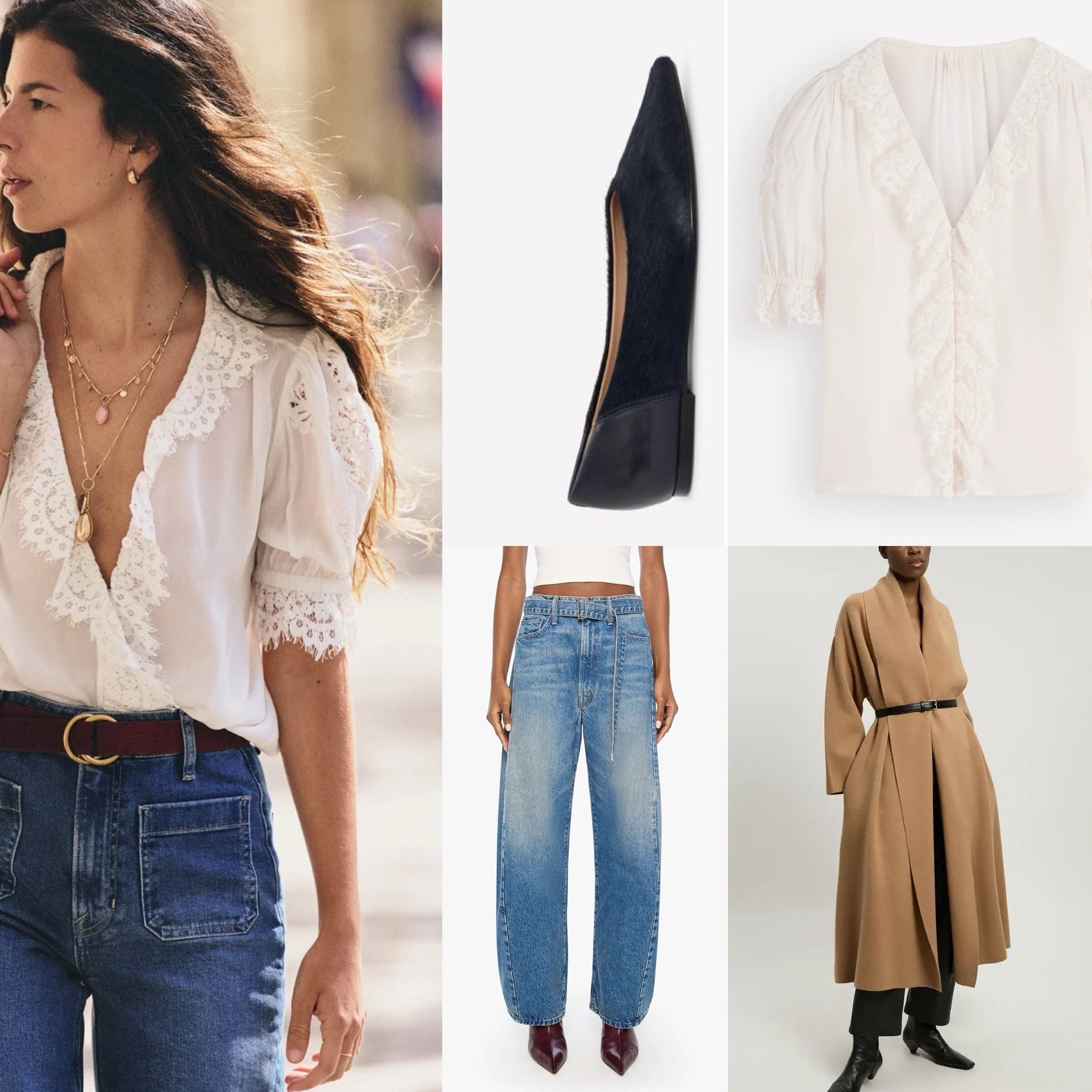 Love this outfit 
Belted wool cardigan coat for errands and travel 
Boden boho lace top in 6
Flats have texture and style - tts!