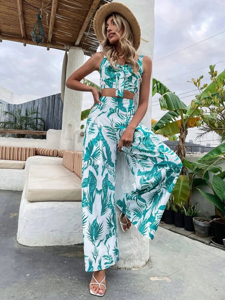 Tropical Print Tie Front Cami Top & Wide Leg Pants | SHEIN