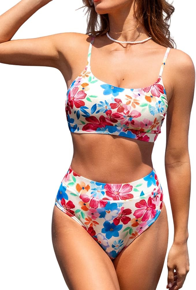CUPSHE Women's Bikini Set Two Piece Swimsuits High Waisted Scoop Neck Spaghetti Adjustable Straps... | Amazon (US)