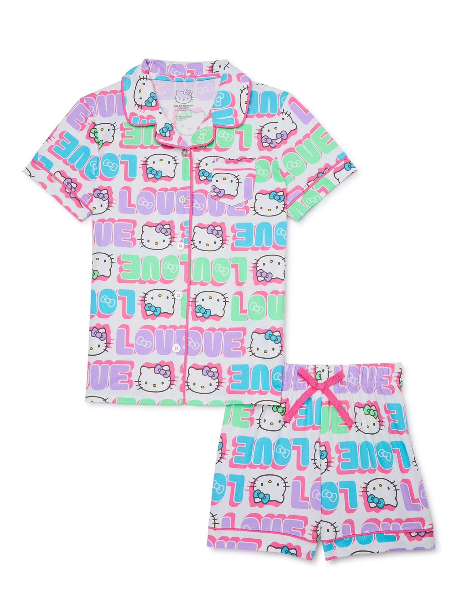 Hello Kitty Girls Short Sleeve Top and Shorts Pajama Set, 2-Piece, Sizes 4-12 - Walmart.com | Walmart (US)