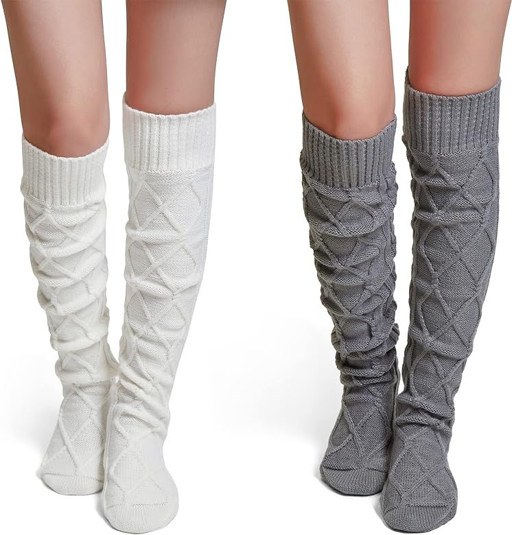 Thigh High Socks for Women Cable Knit Over the Knee Boot Socks, Long Warm Leg Warmers Winter | Amazon (US)