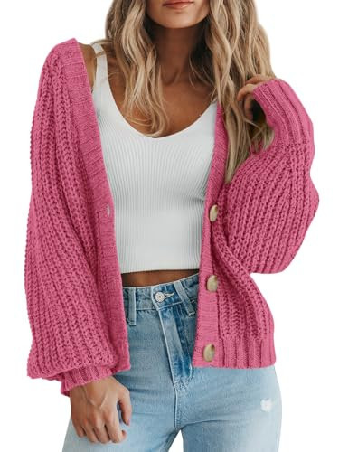 PRETTYGARDEN Womens Open Front Long Sleeve Button Chunky Knit Cardigan Sweater (Grey Pink, Large) | Amazon (US)