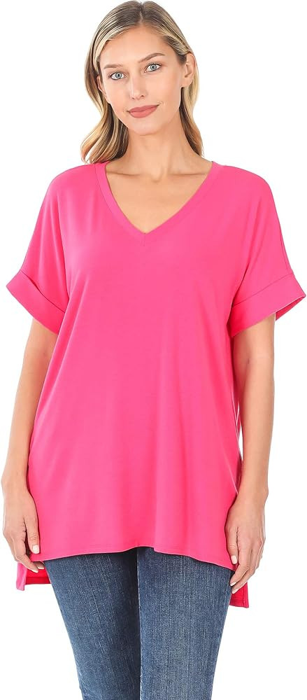 Zenana Rolled Sleeve Side Slit HI-Low Hem TOP (Size Small to 3X) | Amazon (US)