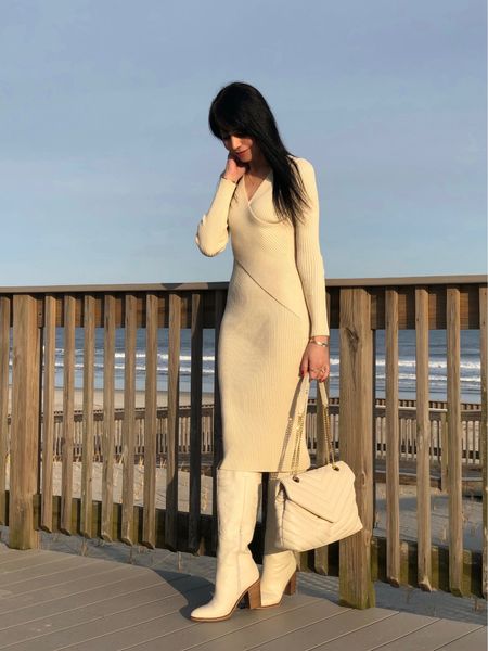 Definitely not beach weather, however we were down the shore for a family event so I couldn’t resist the beautiful view to feature this soft and cozy wrap-front elegant sweater dress!  Going for a complete monochrome look, which I love, but is rare for me!