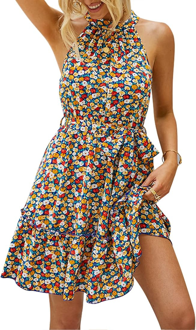 KAYWIDE Women's Beach Summer Dresses Sleeveless Halter Neck Dress Floral Print Causal Boho Party ... | Amazon (US)