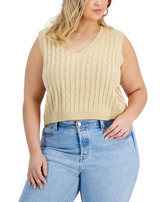 FULL CIRCLE TRENDS Trendy Plus Size Cropped Cable-Front V-Neck Sweater Vest & Reviews - Trendy Pl... | Macys (US)