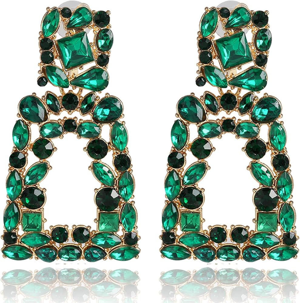 Green Rhinestone Earrings for Women Square Dangle Earrings Sparkly Crystal Geometric Drop Earring... | Amazon (US)