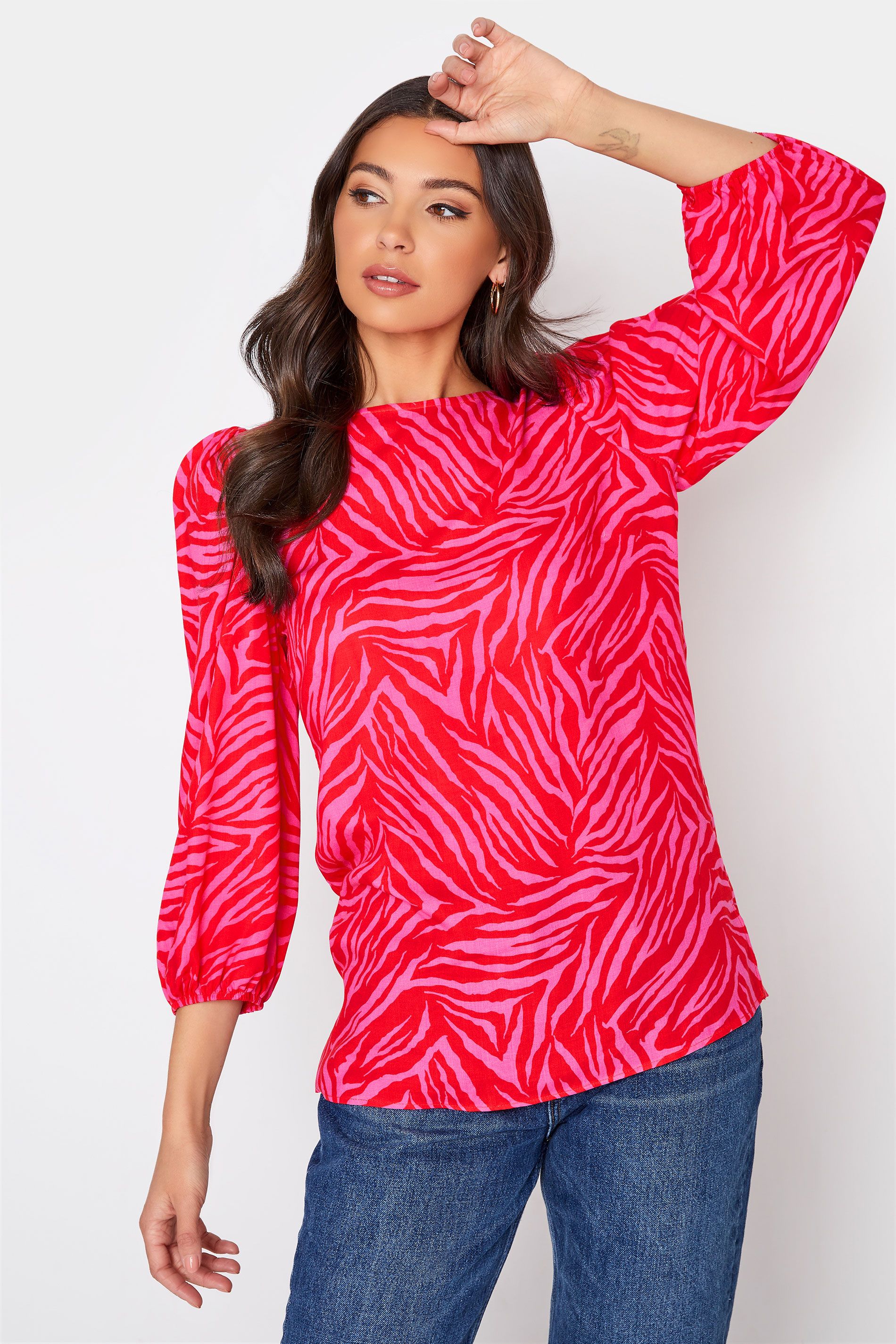 LTS Tall Bright Pink Zebra Print Puff Sleeve Top | Long Tall Sally
